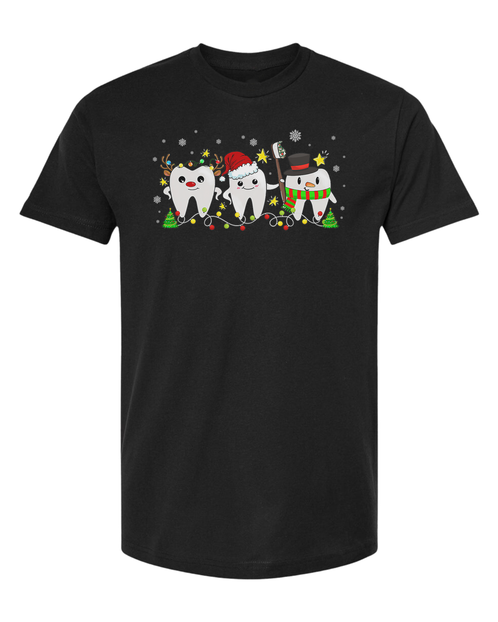 Christmas tooth characters surrounded by snow and lights design Unisex crew-neck  graphic tee Black