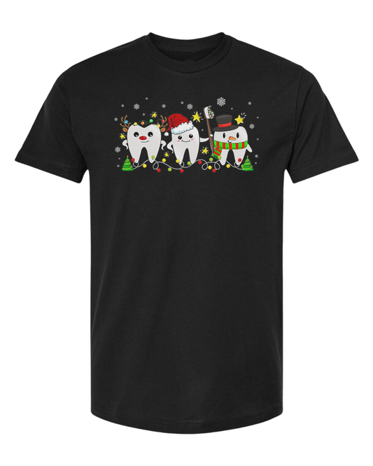 Christmas tooth characters surrounded by snow and lights design Unisex crew-neck  graphic tee Black
