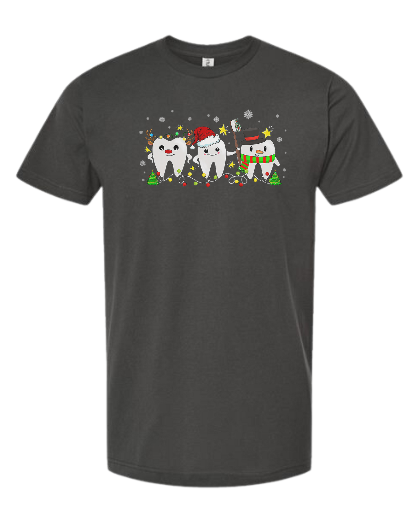 Christmas tooth characters surrounded by snow and lights design Unisex crew-neck  graphic tee Charcoal Grey