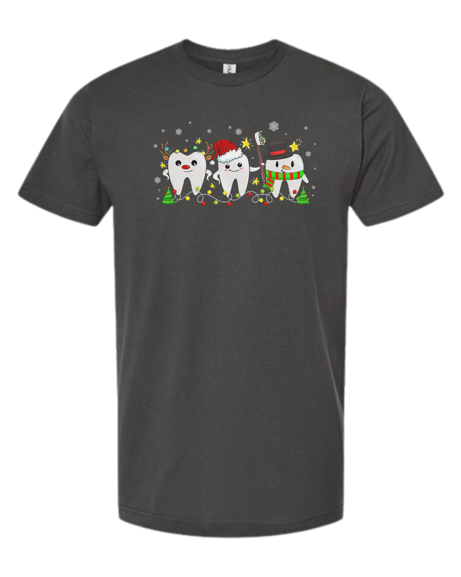 Christmas tooth characters surrounded by snow and lights design Unisex crew-neck  graphic tee Charcoal Grey