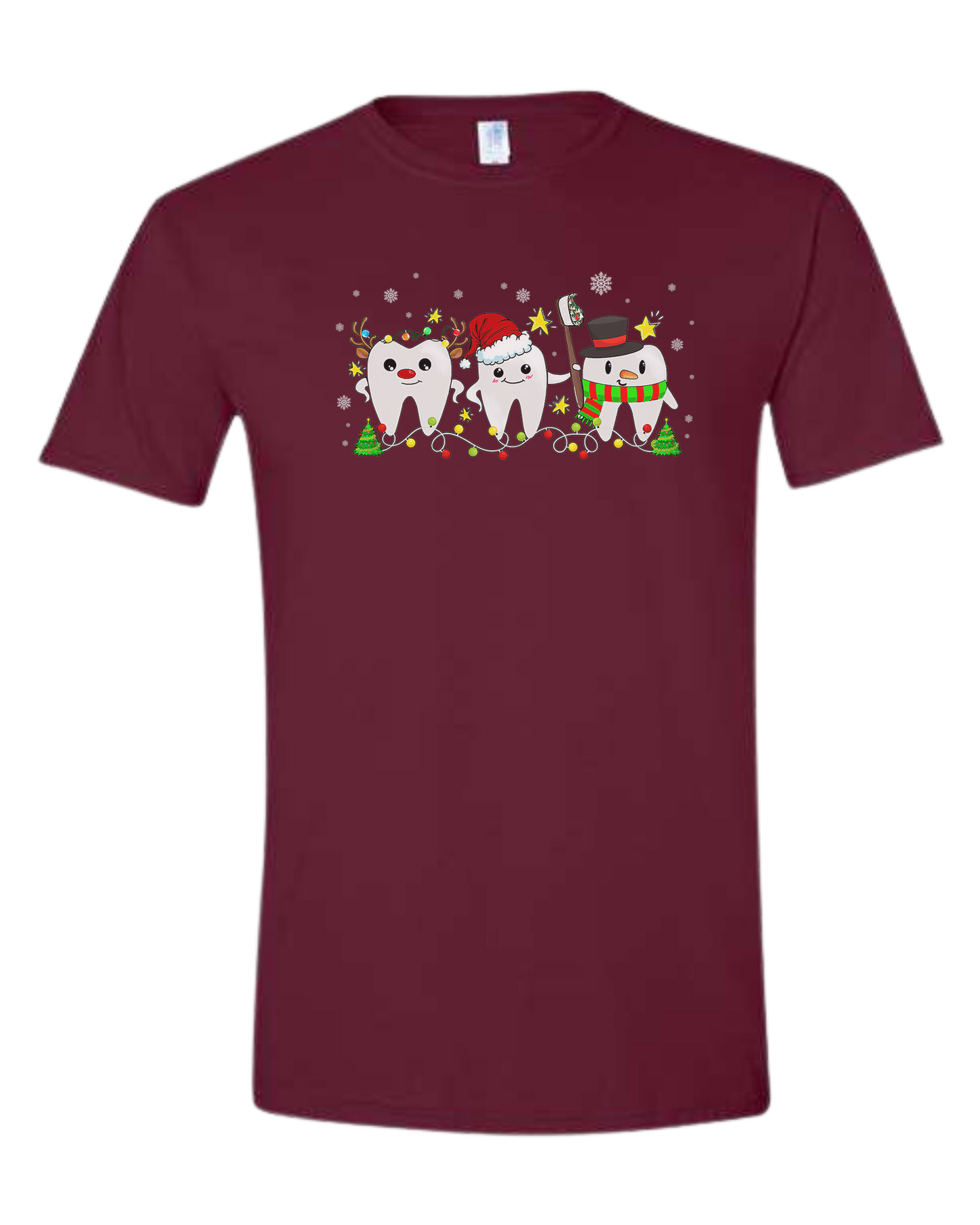 Christmas tooth characters surrounded by snow and lights design Unisex crew-neck  graphic tee Maroon
