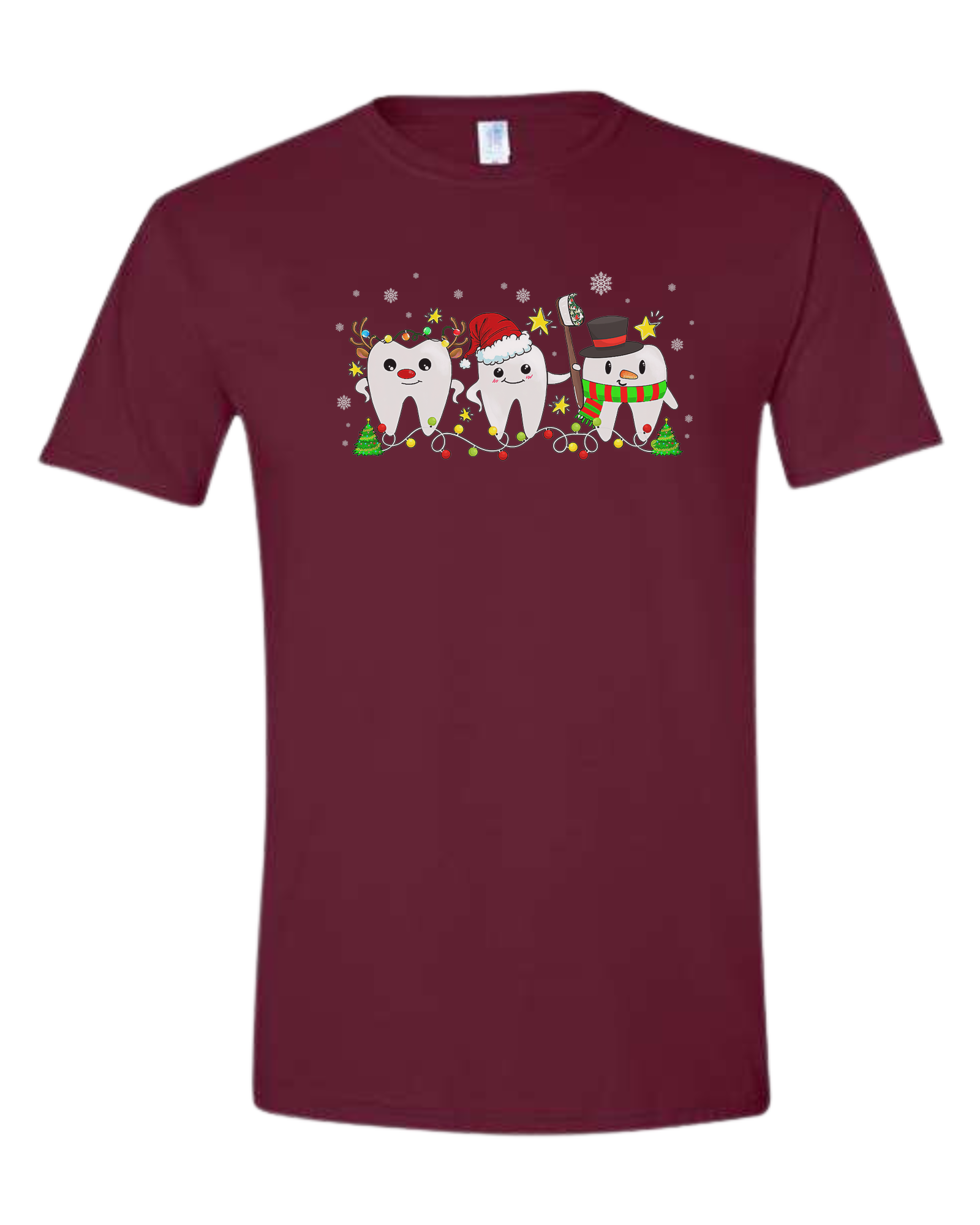 Christmas tooth characters surrounded by snow and lights design Unisex crew-neck  graphic tee Maroon