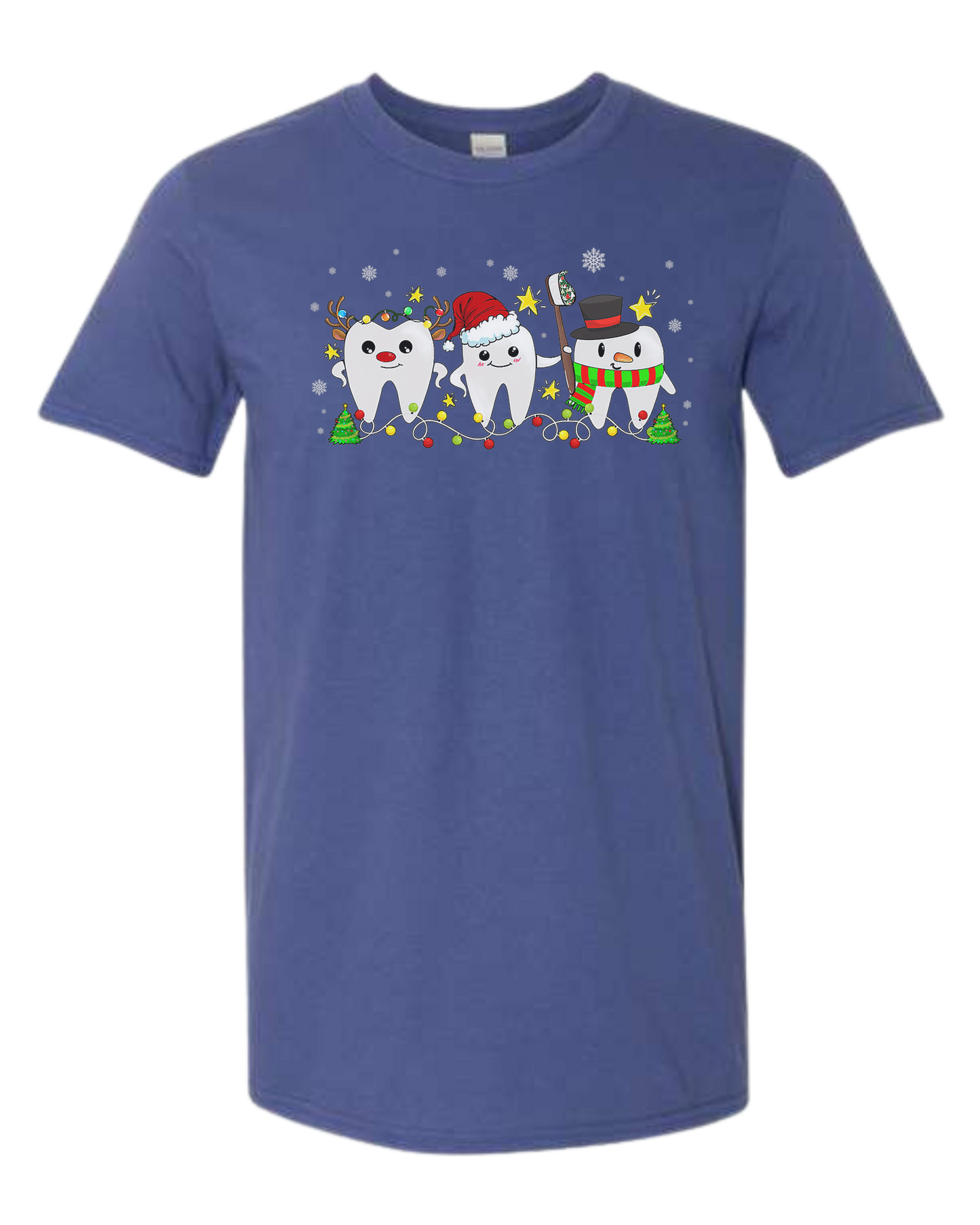 Christmas tooth characters surrounded by snow and lights design Unisex crew-neck  graphic tee Metro Blue