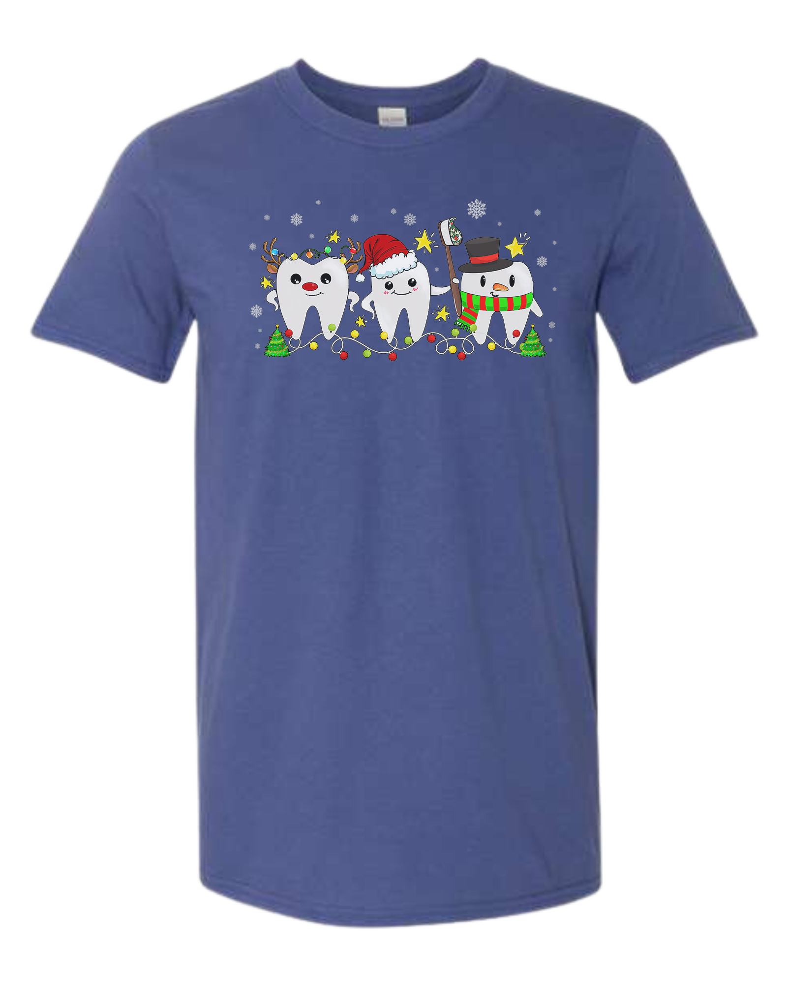 Christmas tooth characters surrounded by snow and lights design Unisex crew-neck  graphic tee Metro Blue