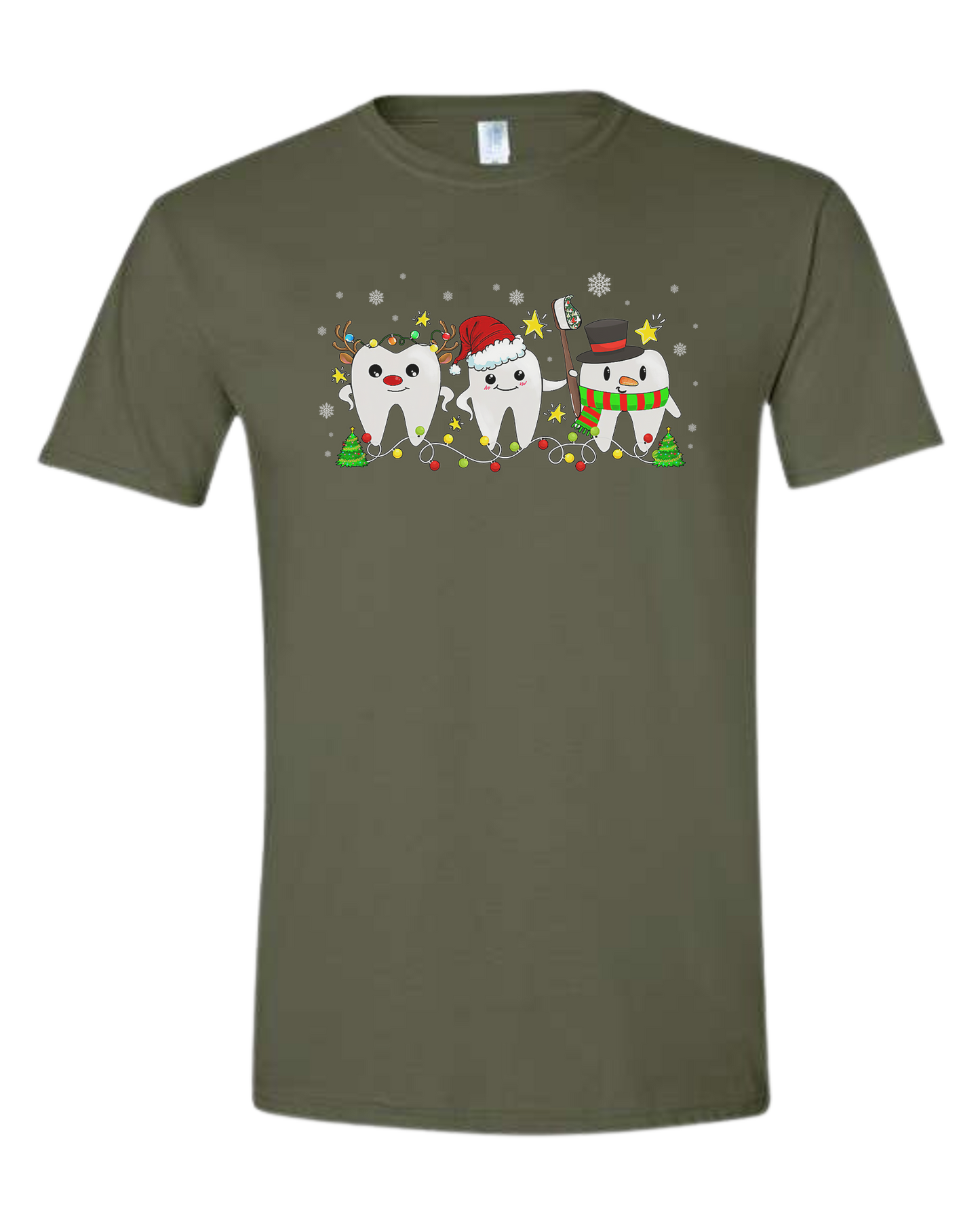 Christmas tooth characters surrounded by snow and lights design Unisex crew-neck  graphic tee Military Green