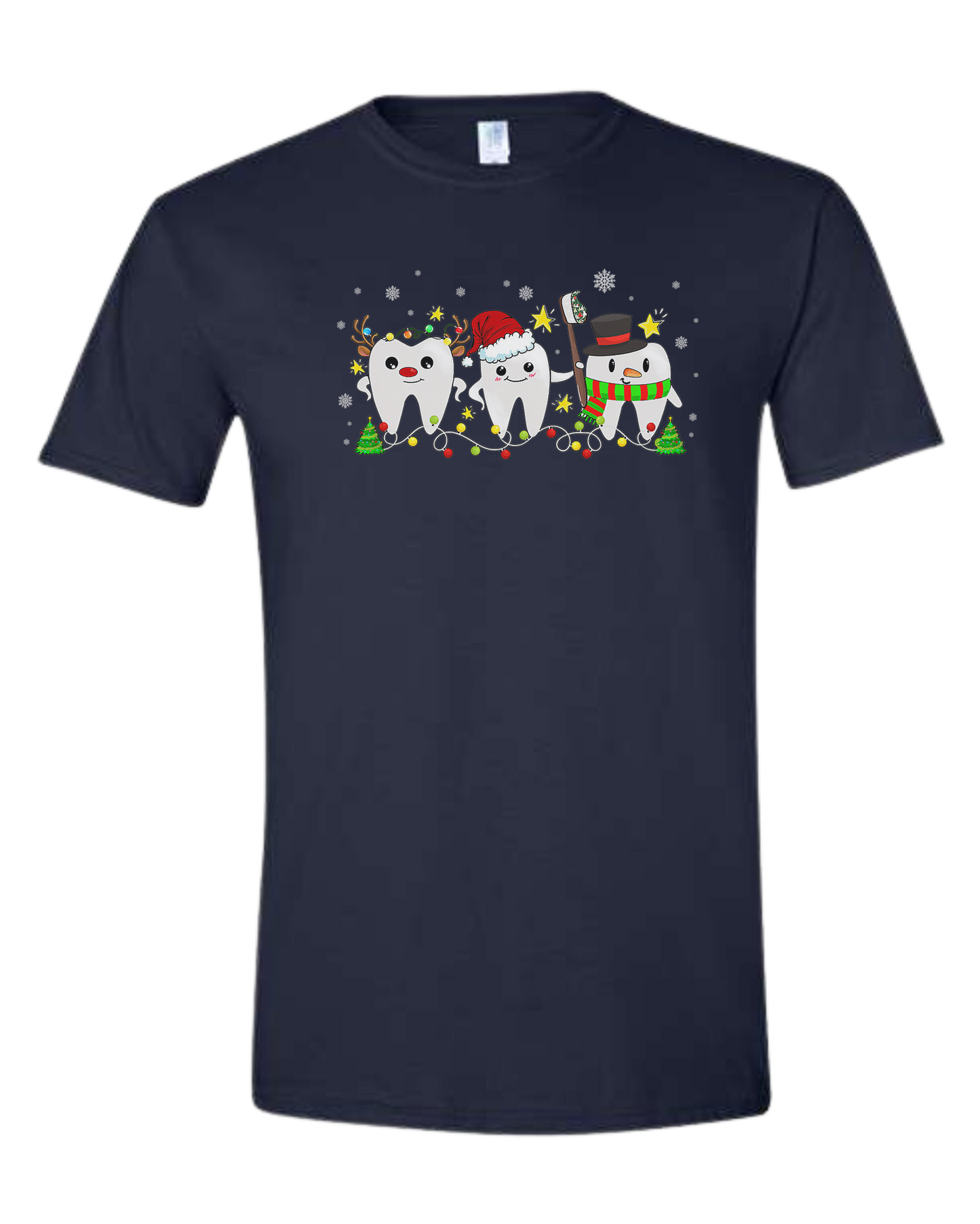 Christmas tooth characters surrounded by snow and lights design Unisex crew-neck  graphic tee Navy Blue