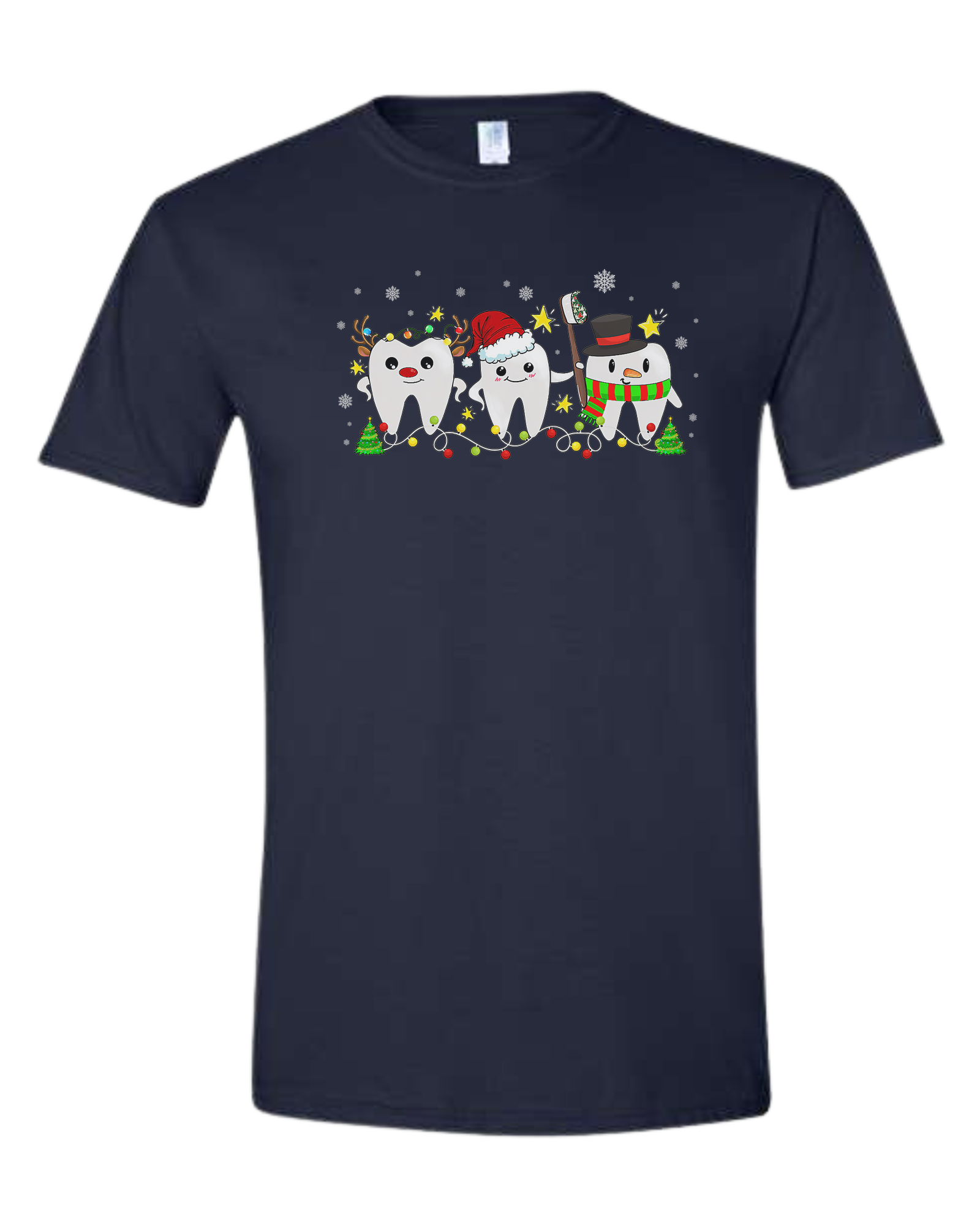 Christmas tooth characters surrounded by snow and lights design Unisex crew-neck  graphic tee Navy Blue