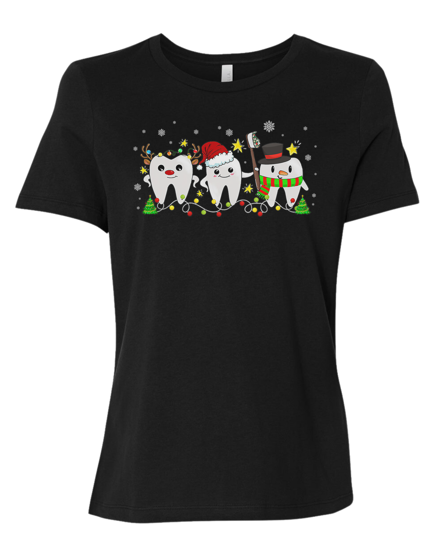 Christmas tooth characters surrounded by snow and lights design Women's fit premium crewneck tee Black