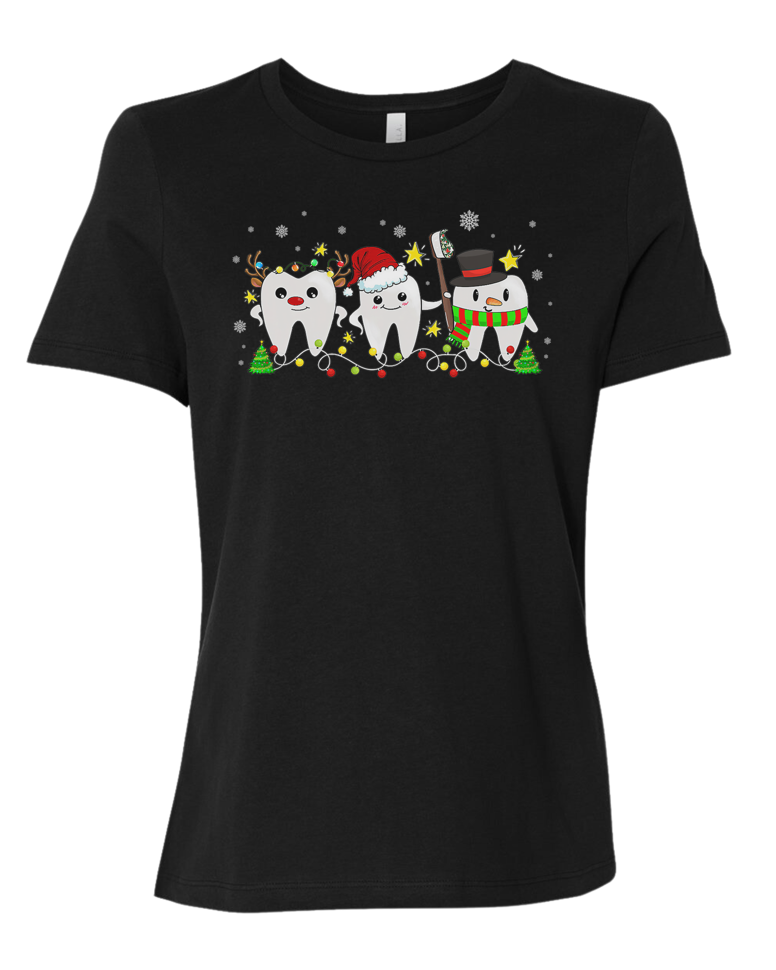 Christmas tooth characters surrounded by snow and lights design Women's fit premium crewneck tee Black
