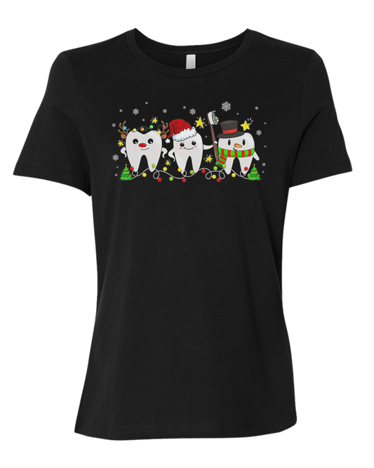 Christmas tooth characters surrounded by snow and lights design Women's fit premium crewneck tee Black