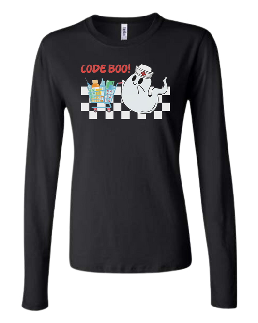 "Code Boo" Nursing ghost Women's fit crewneck long sleeve fit Black