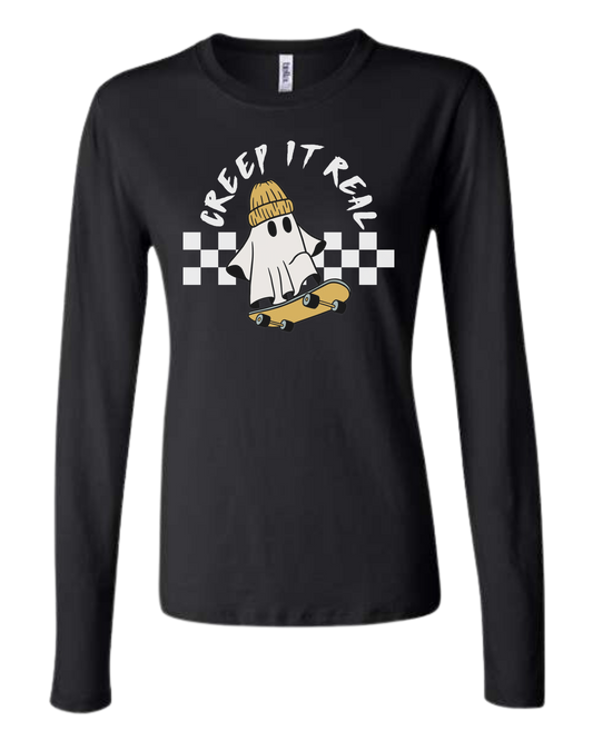 Creep it Real skater ghost graphic tee Women's fit crewneck long sleeve fit Black