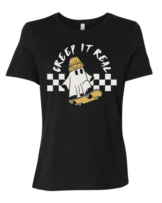 Creep it Real skater ghost graphic tee Women's fit premium crewneck tee Black