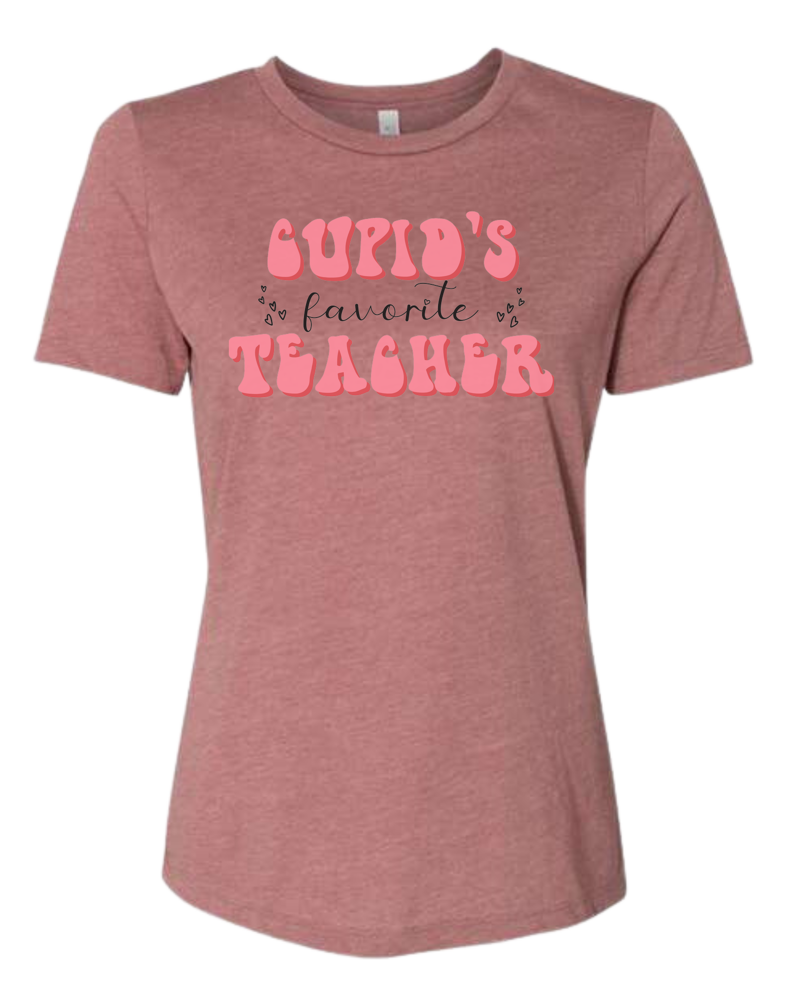 "Cupid's Favorite Teacher" groovy font design Women's fit premium crewneck tee Mauve Pink