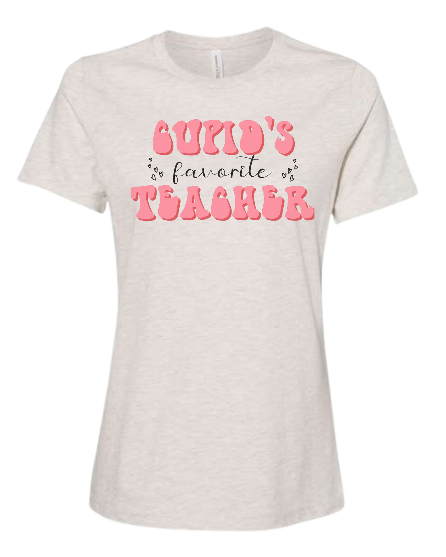 "Cupid's Favorite Teacher" groovy font design Women's fit premium crewneck tee Natural