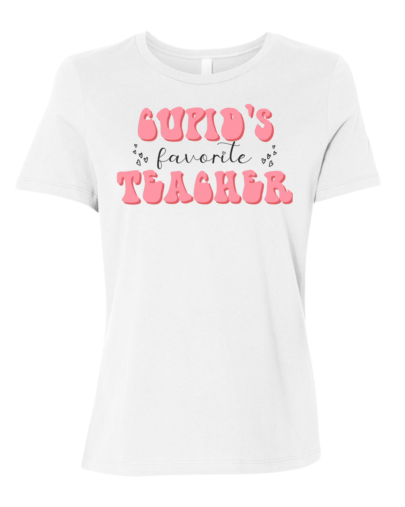 "Cupid's Favorite Teacher" groovy font design Women's fit premium crewneck tee White