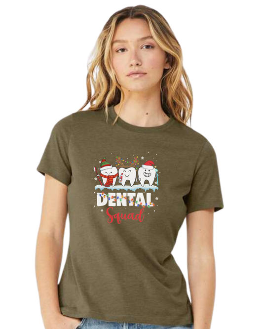 "Dental Squad" Christmas teeth characters graphic Women's fit premium crewneck tee Olive