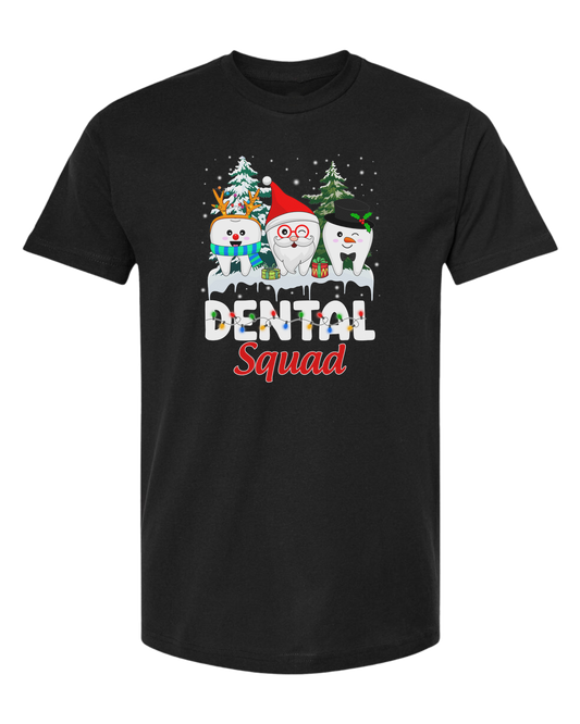 "Dental Squad" Santa tooth, Rudoph tooth, and Frosty tooth graphic Unisex crew-neck  graphic tee Black