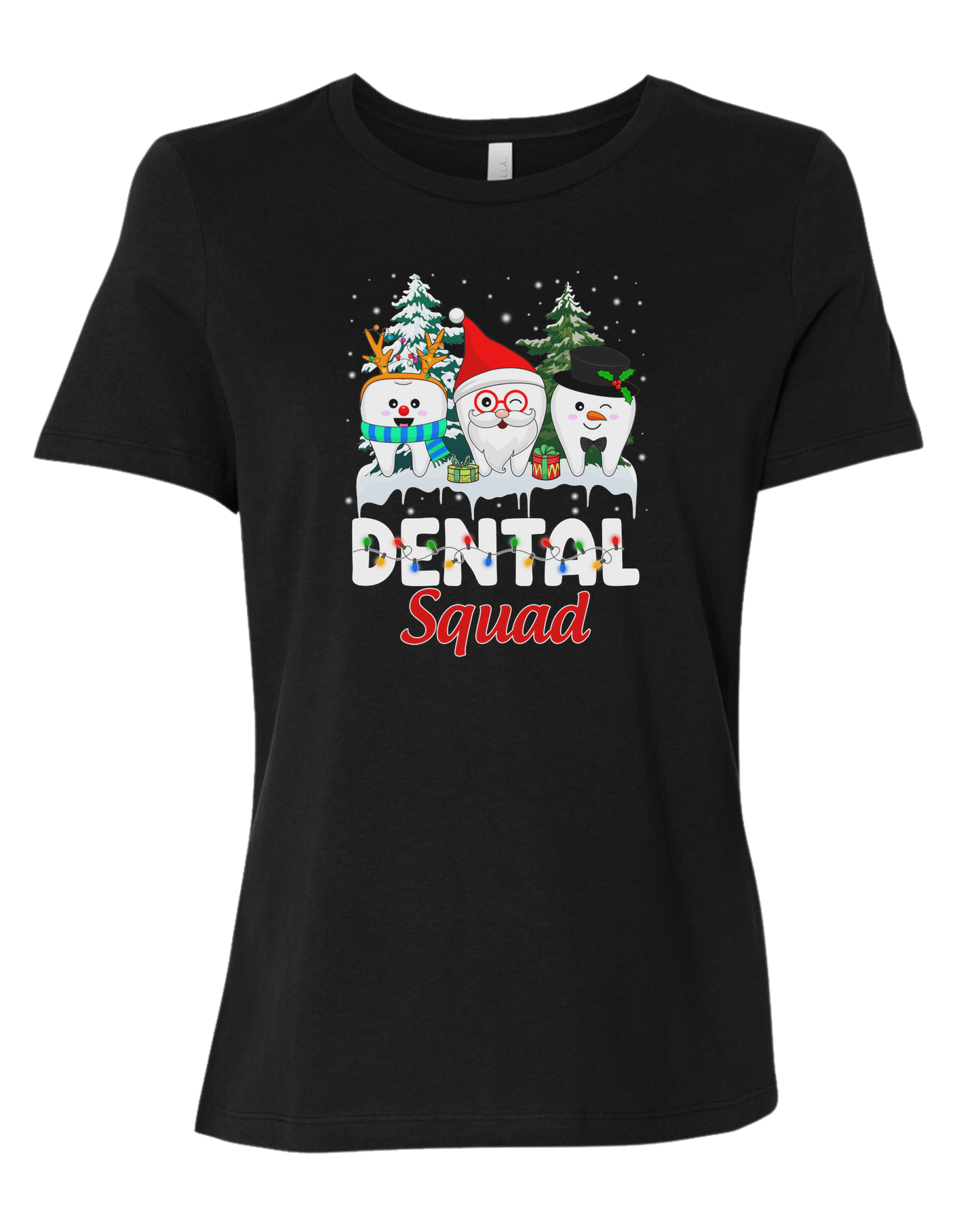 "Dental Squad" Santa tooth, Rudoph tooth, and Frosty tooth graphic Women's fit premium crewneck tee Black