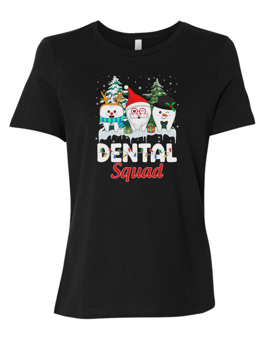 "Dental Squad" Santa tooth, Rudoph tooth, and Frosty tooth graphic Women's fit premium crewneck tee Black