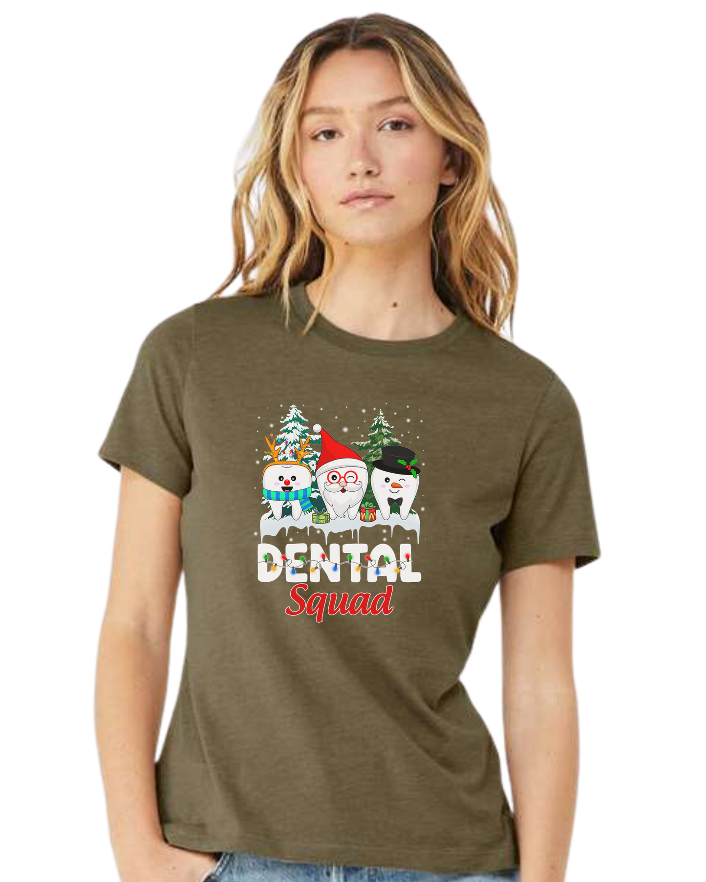 "Dental Squad" Santa tooth, Rudoph tooth, and Frosty tooth graphic Women's fit premium crewneck tee Olive