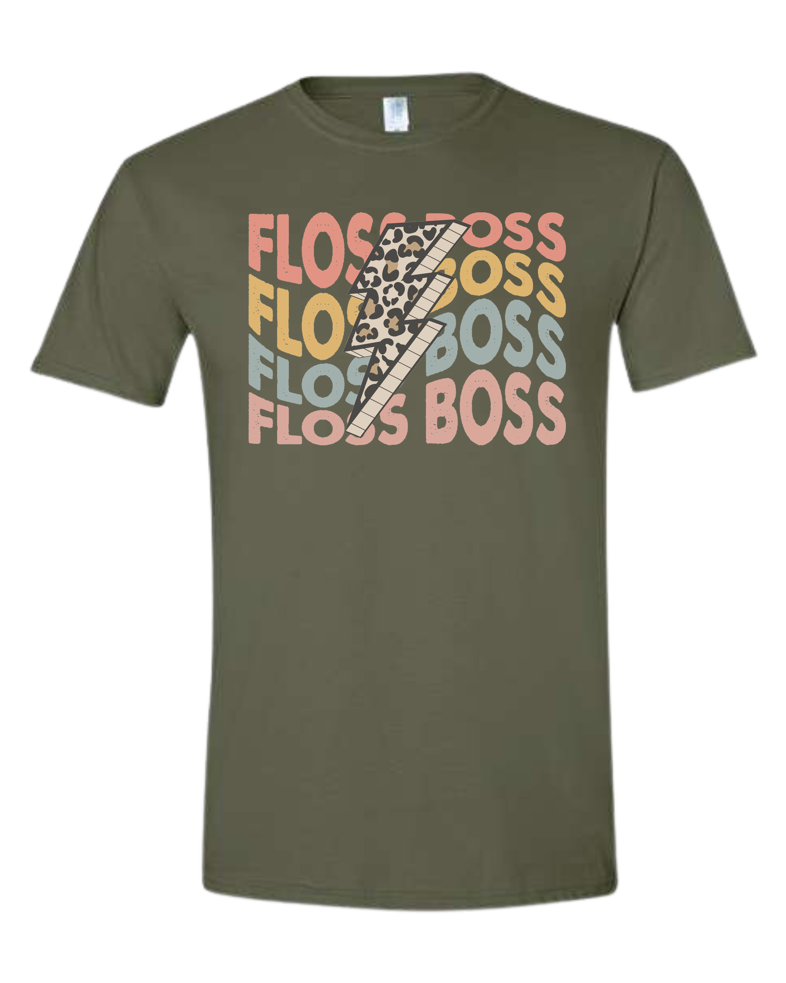Floss Boss leopard lightning design Unisex crew-neck  graphic tee Military Green