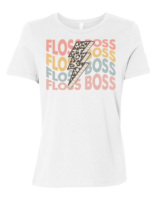 Floss Boss leopard lightning design Women's fit premium crewneck tee White