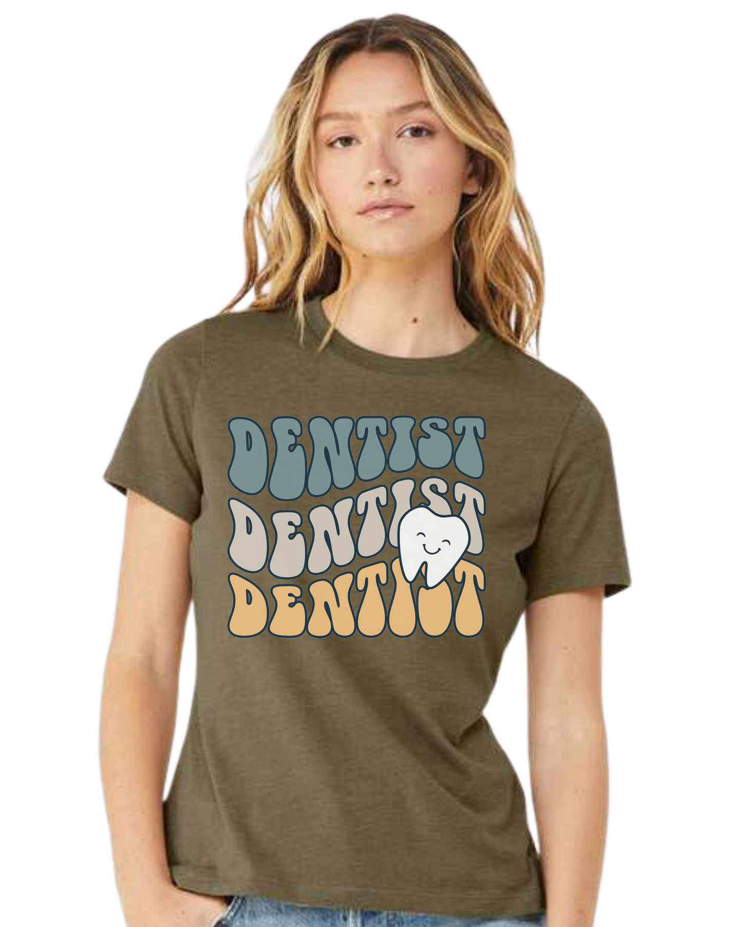 Groovy Font "DENTIST, DENTIST, DENTIST" design Women's fit premium crewneck tee Olive