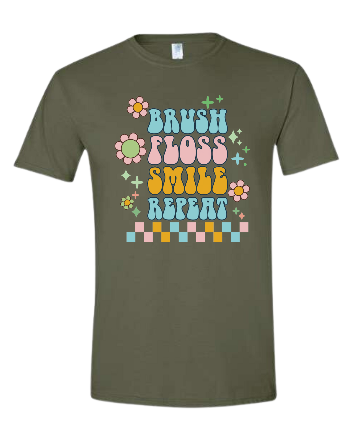 Groovy "Brush, Floss, Smile, Repeat" graphic Unisex crew-neck  graphic tee Military Green