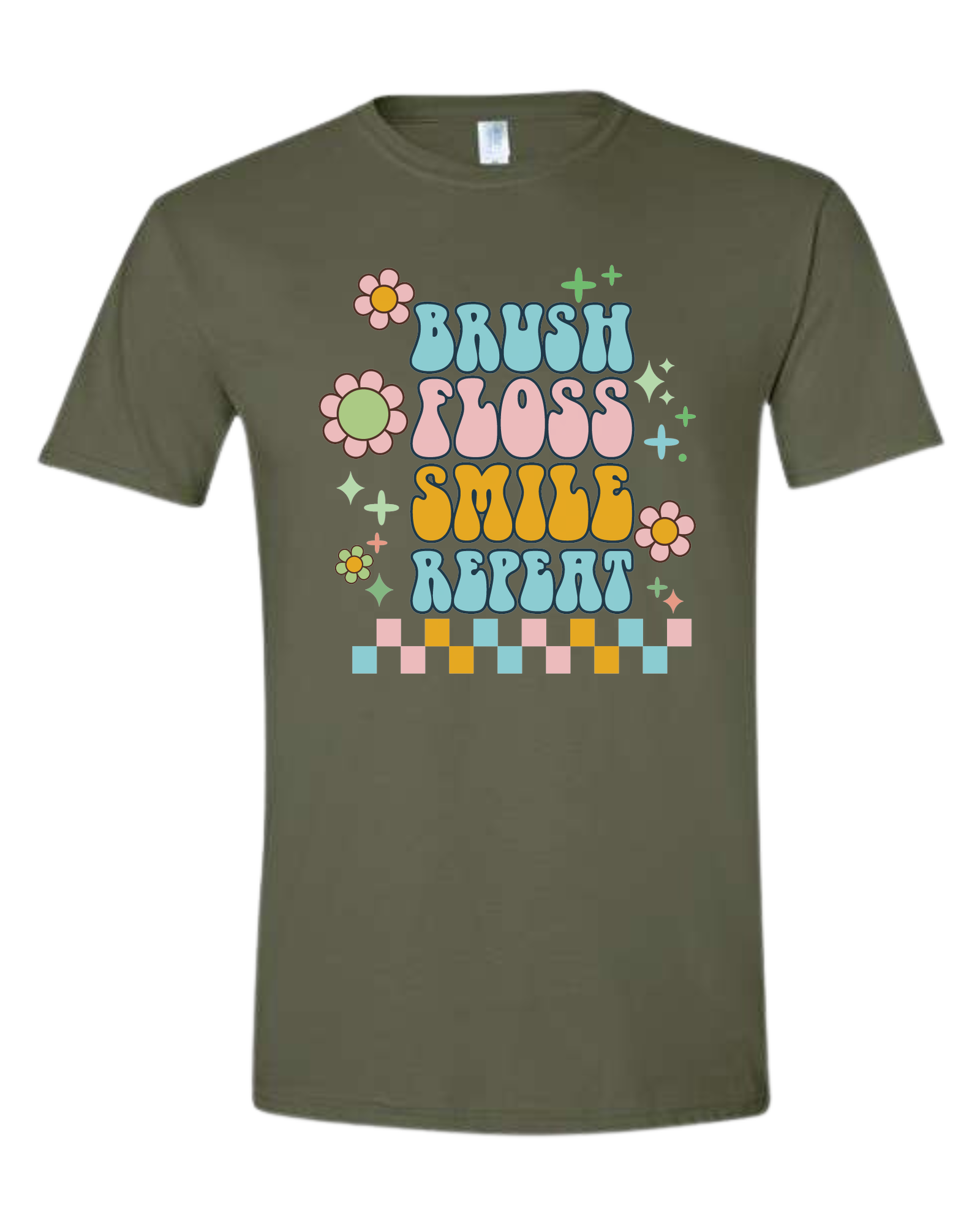 Groovy "Brush, Floss, Smile, Repeat" graphic Unisex crew-neck  graphic tee Military Green