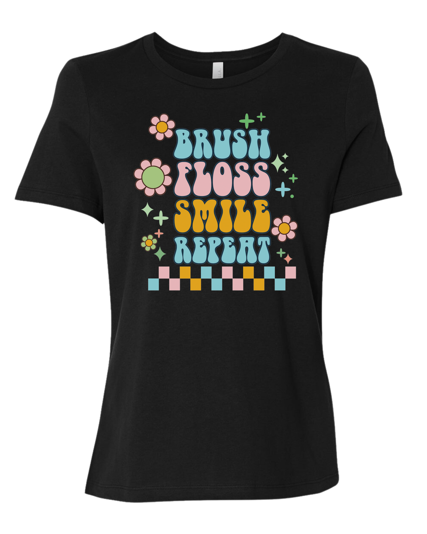 Groovy "Brush, Floss, Smile, Repeat" graphic Women's fit premium crewneck tee Black