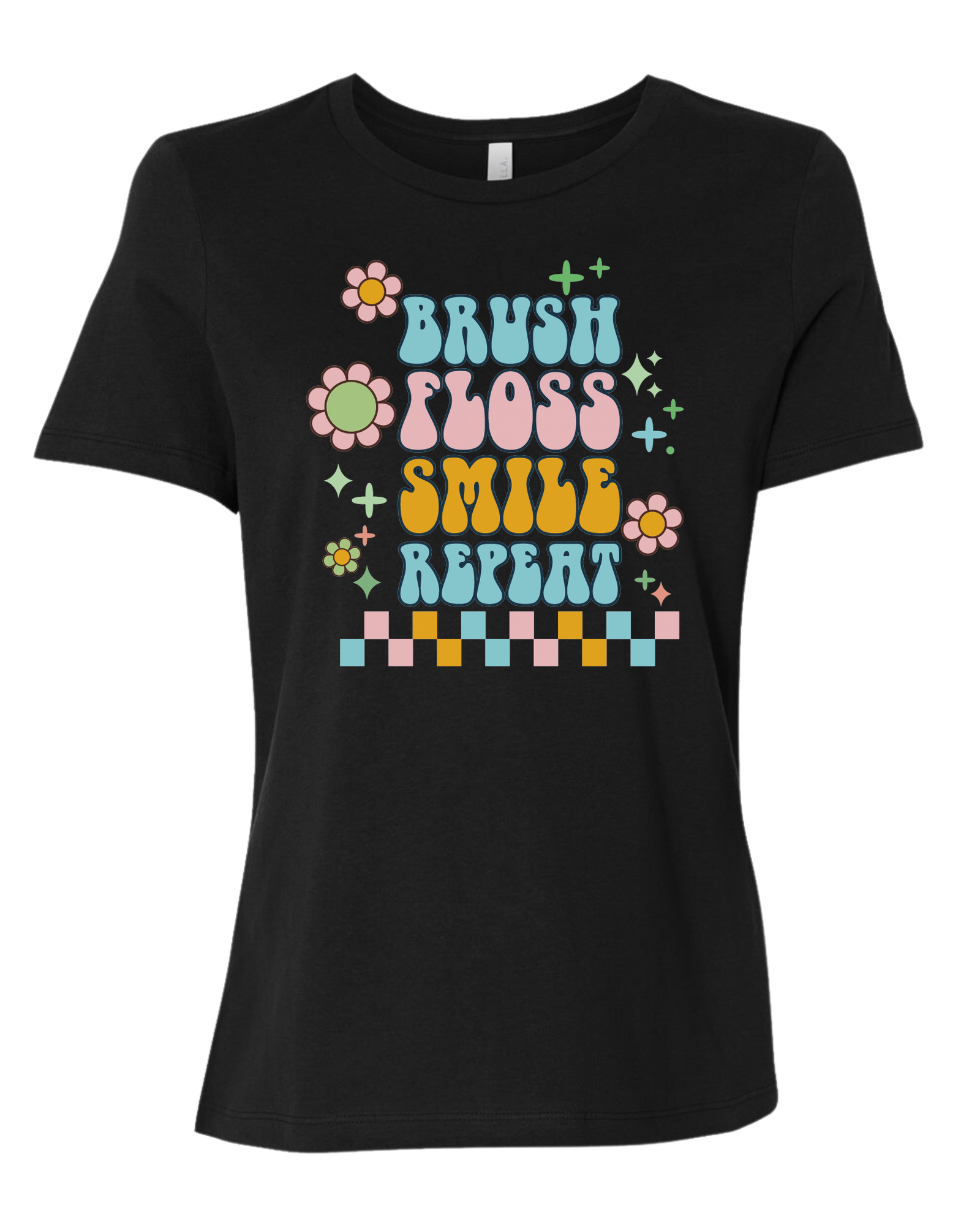Groovy "Brush, Floss, Smile, Repeat" graphic Women's fit premium crewneck tee Black