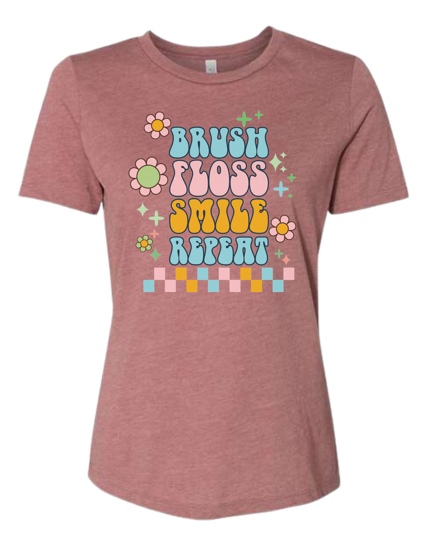 Groovy "Brush, Floss, Smile, Repeat" graphic Women's fit premium crewneck tee Mauve Pink