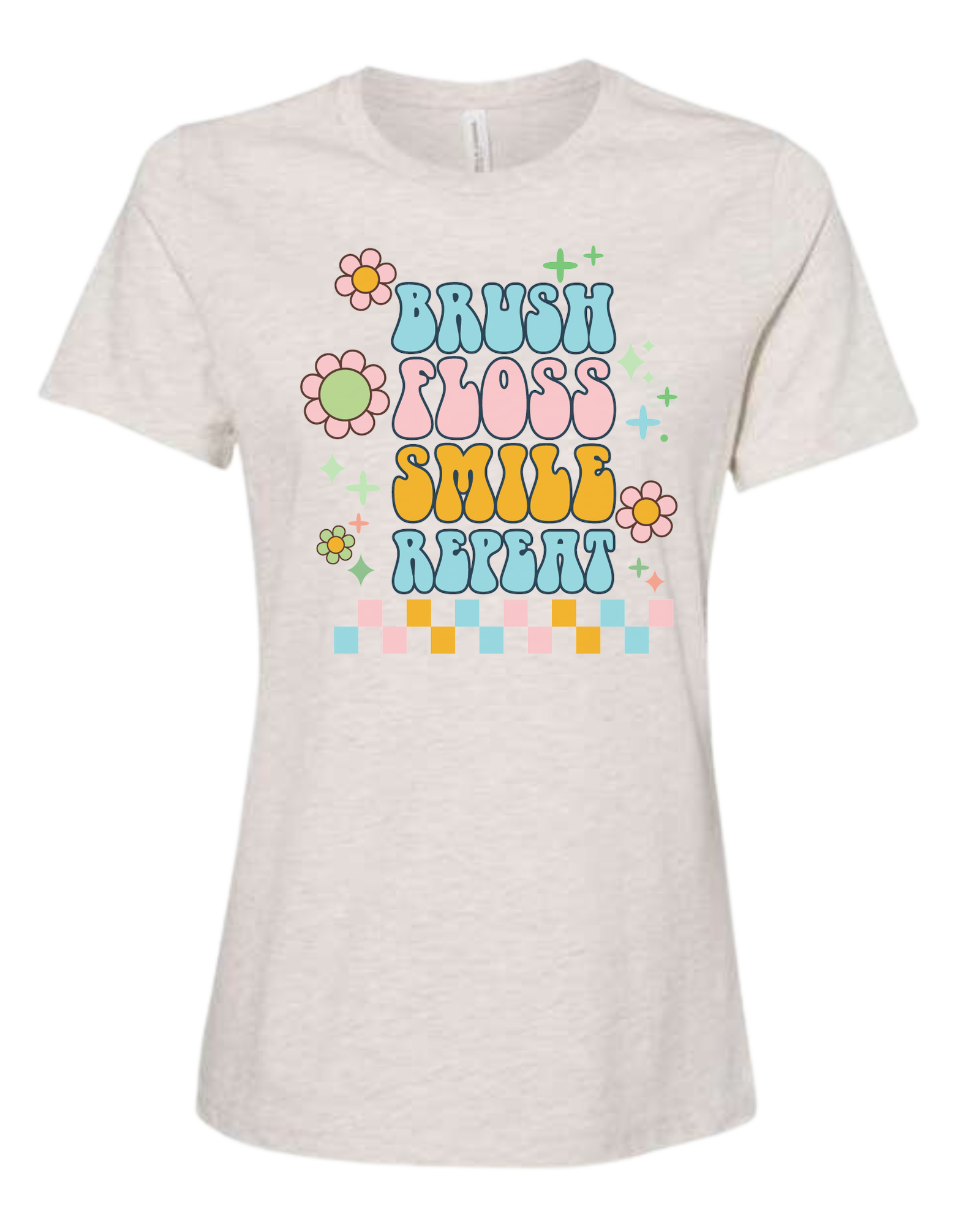 Groovy "Brush, Floss, Smile, Repeat" graphic Women's fit premium crewneck tee Natural