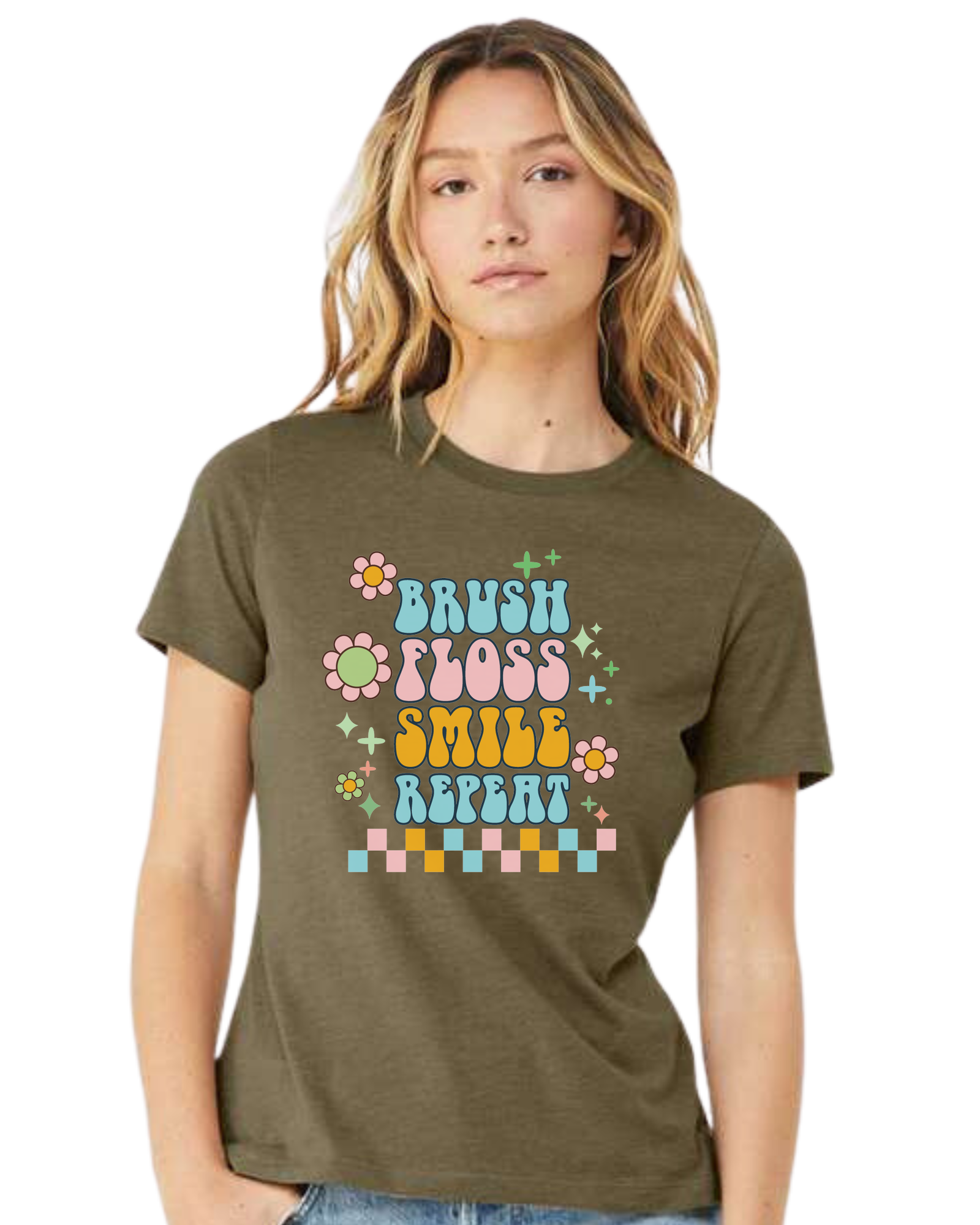 Groovy "Brush, Floss, Smile, Repeat" graphic Women's fit premium crewneck tee Olive