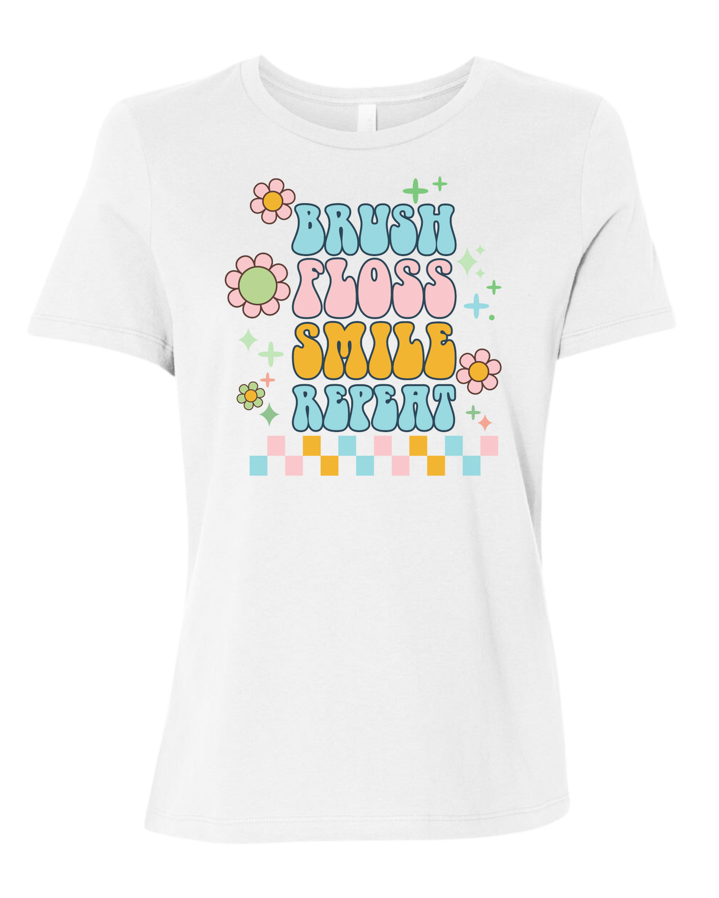 Groovy "Brush, Floss, Smile, Repeat" graphic Women's fit premium crewneck tee White