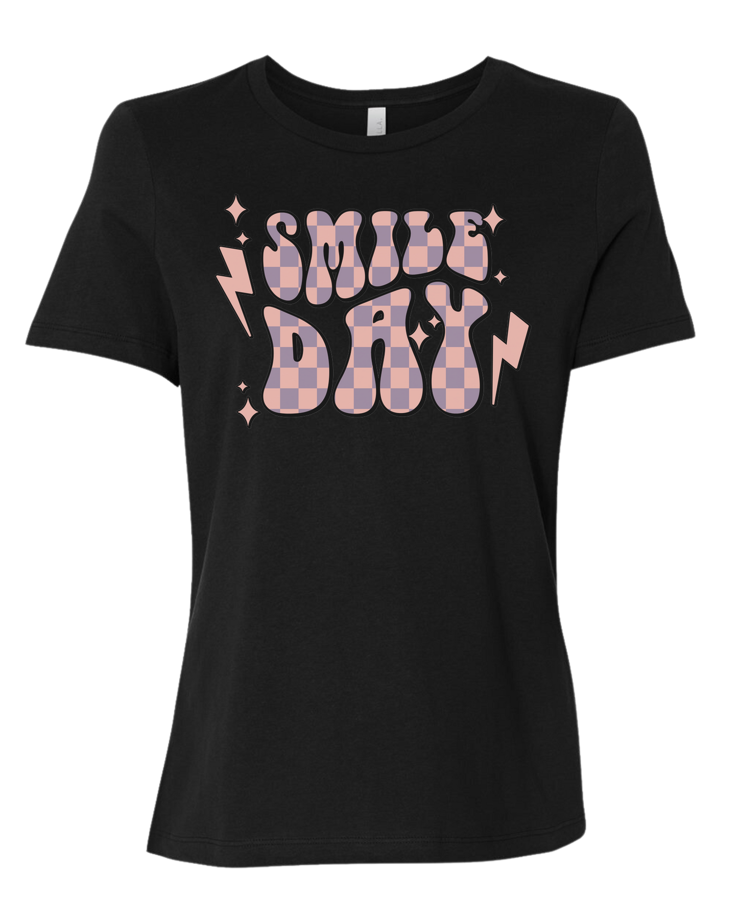 Groovy font large "SMILE DAY" graphic Women's fit premium crewneck tee Black