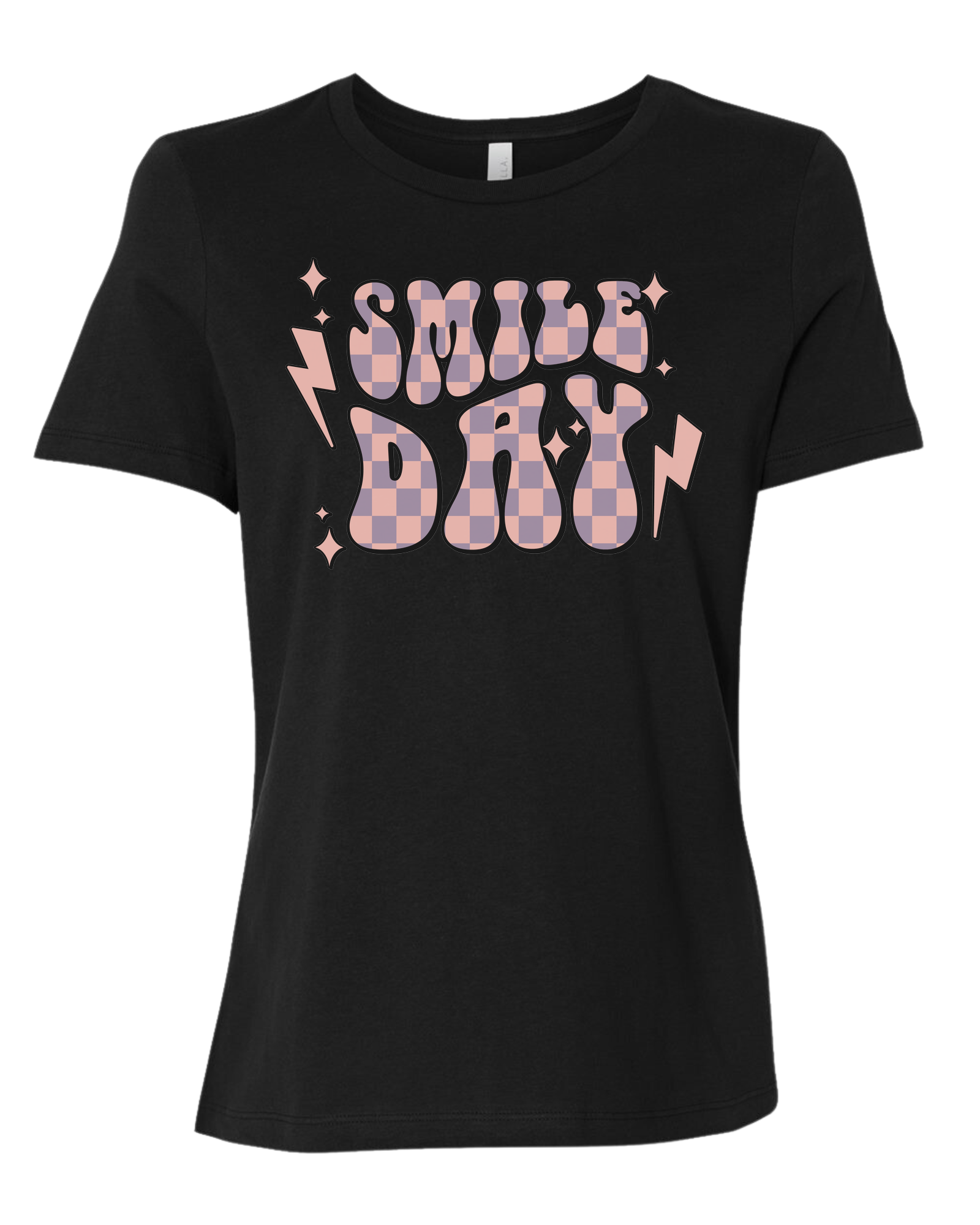 Groovy font large "SMILE DAY" graphic Women's fit premium crewneck tee Black
