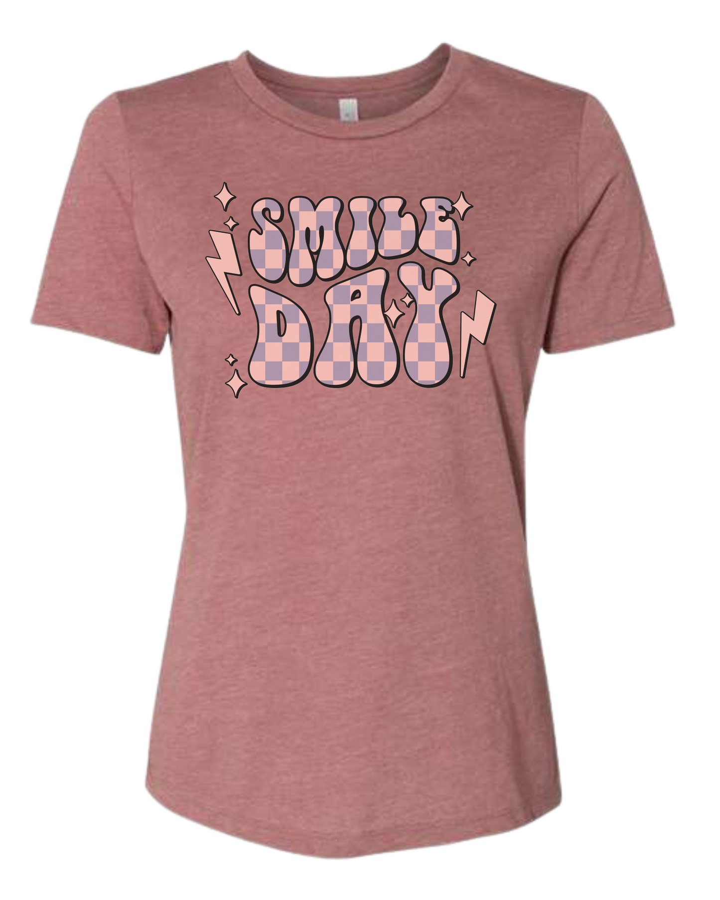 Groovy font large "SMILE DAY" graphic Women's fit premium crewneck tee Mauve Pink