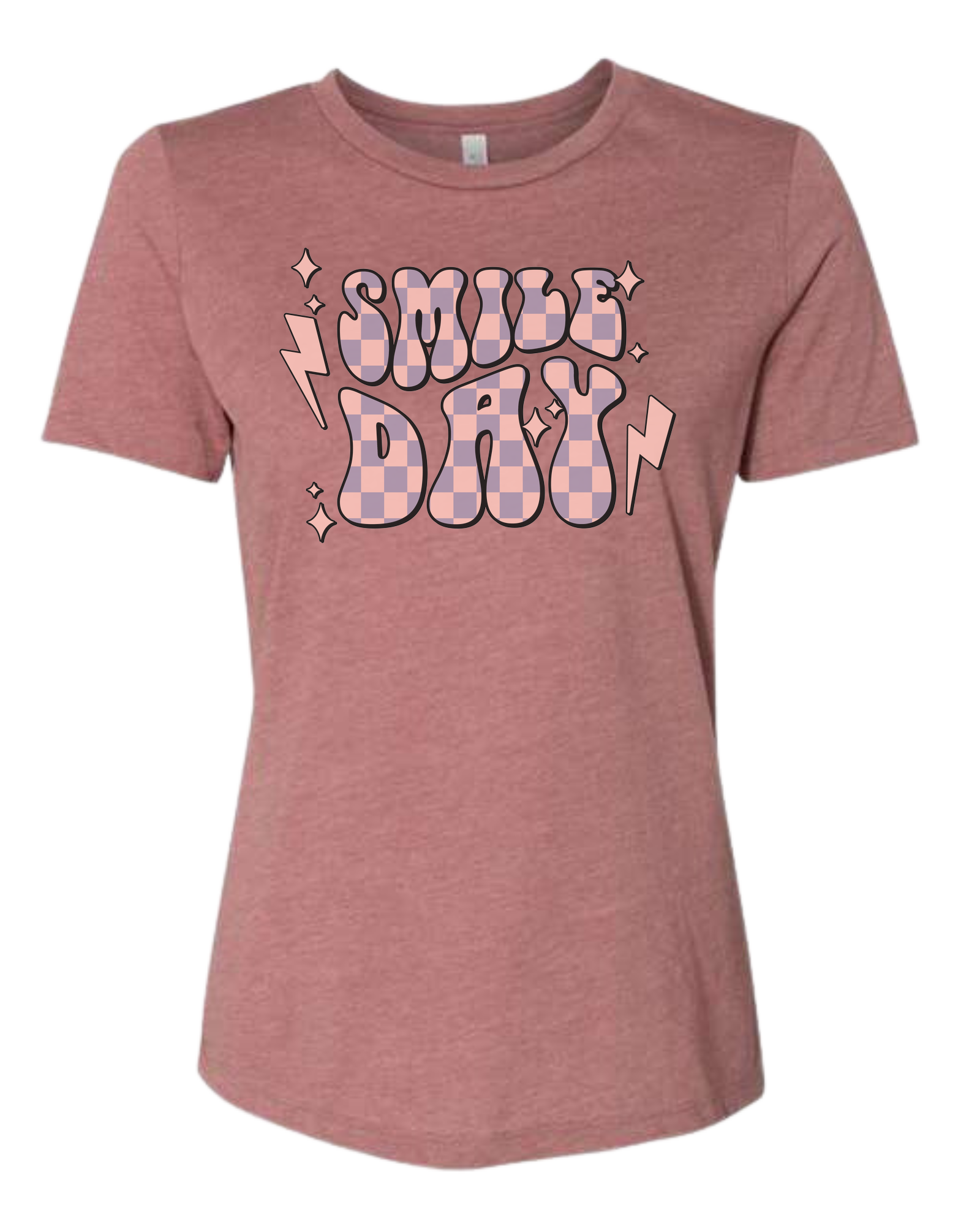 Groovy font large "SMILE DAY" graphic Women's fit premium crewneck tee Mauve Pink