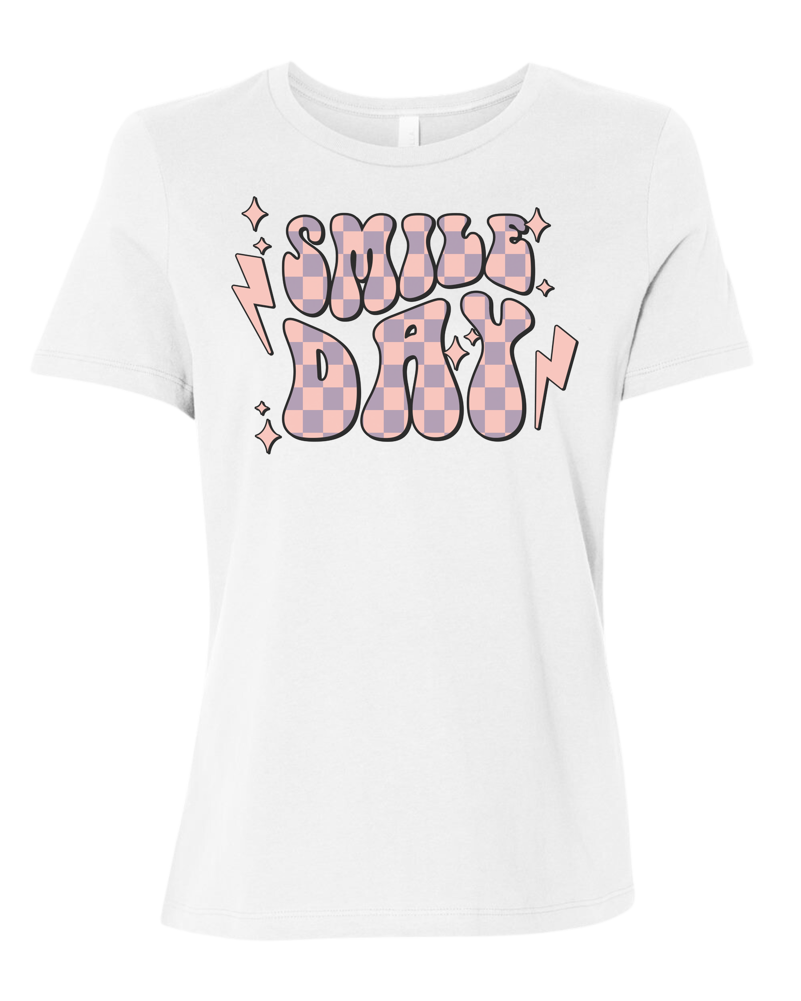 Groovy font large "SMILE DAY" graphic Women's fit premium crewneck tee White