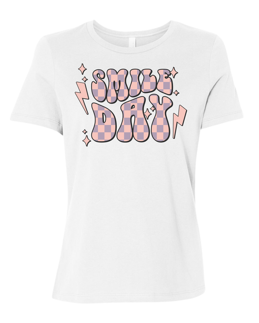 Groovy font large "SMILE DAY" graphic Women's fit premium crewneck tee White