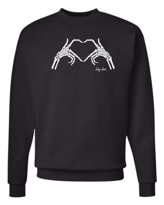 "Hey Boo" Skeleton Hands forming a heart Classic unisex crewneck sweatshirt Black