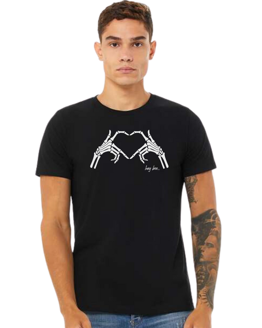 "Hey Boo" Skeleton Hands forming a heart Premium unisex crewneck tee Black