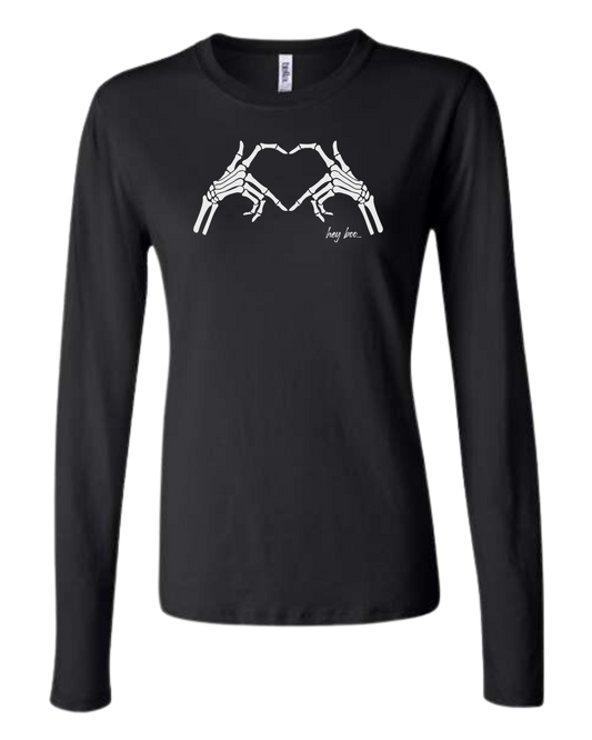 "Hey Boo" Skeleton Hands forming a heart Women's fit crewneck long sleeve fit Black