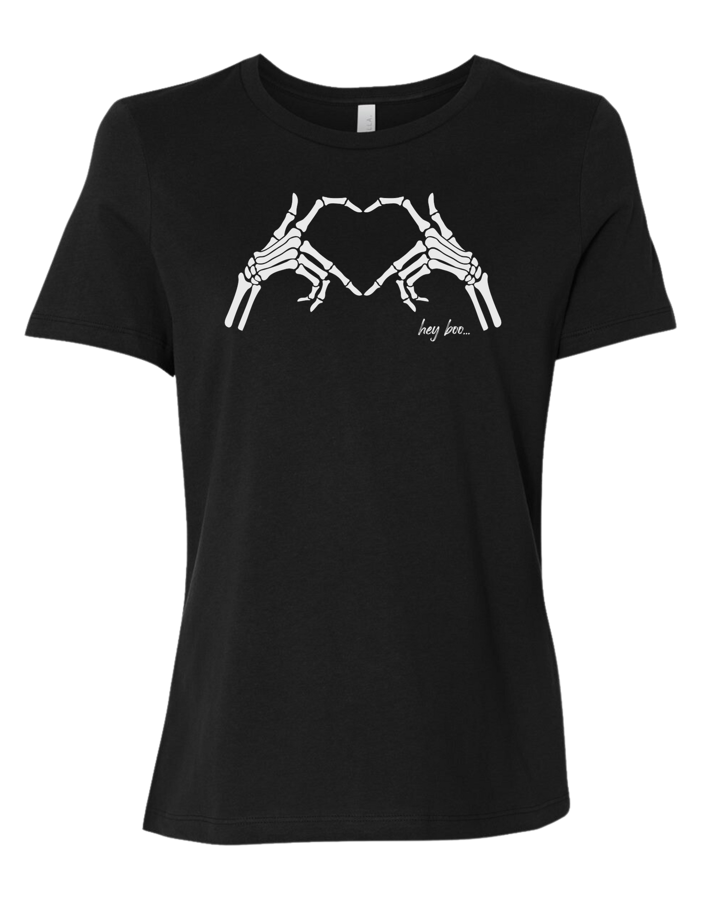 "Hey Boo" Skeleton Hands forming a heart Women's fit premium crewneck tee Black