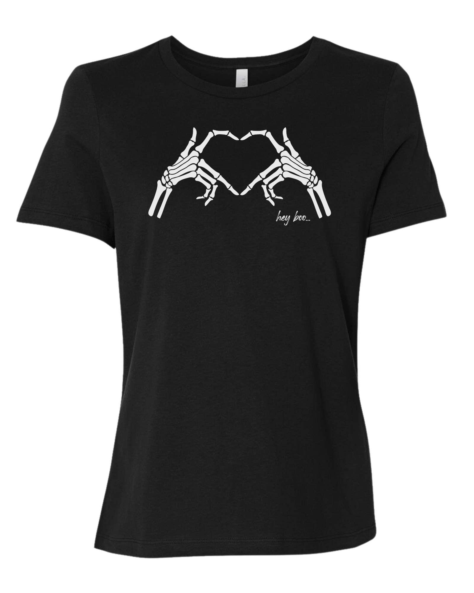 "Hey Boo" Skeleton Hands forming a heart Women's fit premium crewneck tee Black