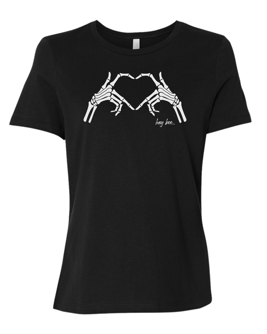 "Hey Boo" Skeleton Hands forming a heart Women's fit premium crewneck tee Black