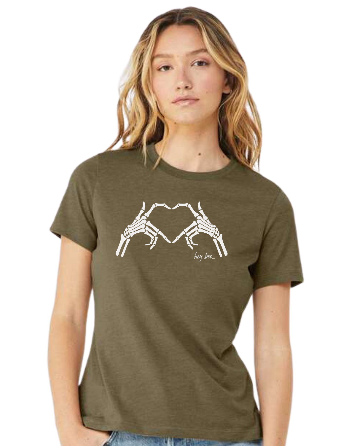 "Hey Boo" Skeleton Hands forming a heart Women's fit premium crewneck tee Olive