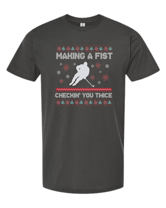 Hockey Christmas Sweater "Makin' a Fist, Checkin' you Twice" graphic Unisex crew-neck  graphic tee Charcoal Grey
